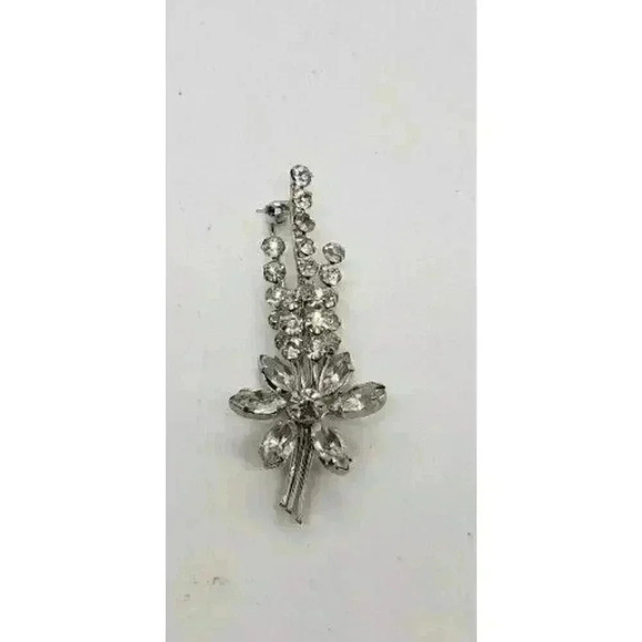 Vintage Clear Rhinestone Brooch Austria Long Stem Flower Spray Tall Layers - Picture 4 of 14